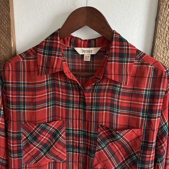 Y2K Decree Plaid Blouse Semi-Sheer Red Teal Yellow Button Front Women’s Medium - Picture 7 of 16